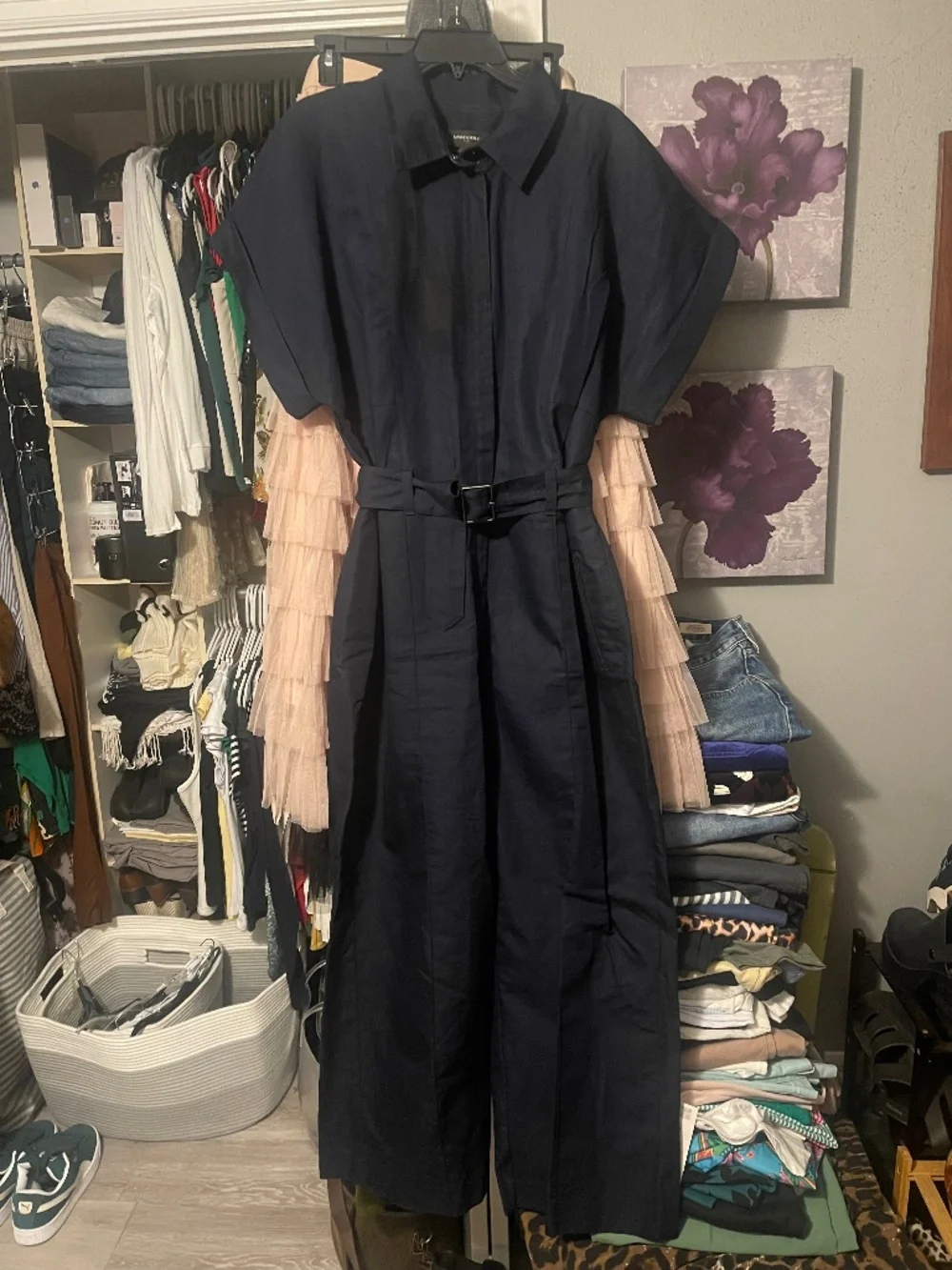 Banana Republic Wide Leg Belted Linen/Canvas Navy Utility Jumpsuit
